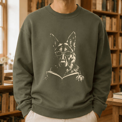 German Shepherd Reading Book Crewneck Sweatshirt | Reader Gift Military Green