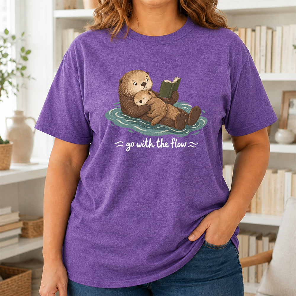 Go With The Flow Otter Reading Softstyle T-Shirt | Book Lover Gift Heather Purple