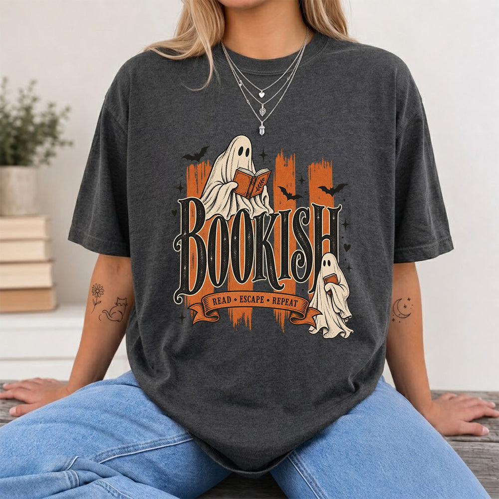 Bookish Read Escape Repeat Printed T-Shirt | Halloween Book Lover Gift Dark Heather