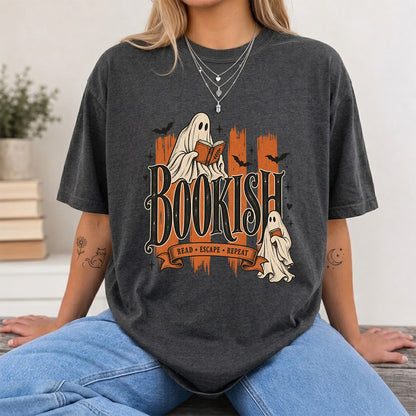 Bookish Read Escape Repeat Printed T-Shirt | Halloween Book Lover Gift Dark Heather