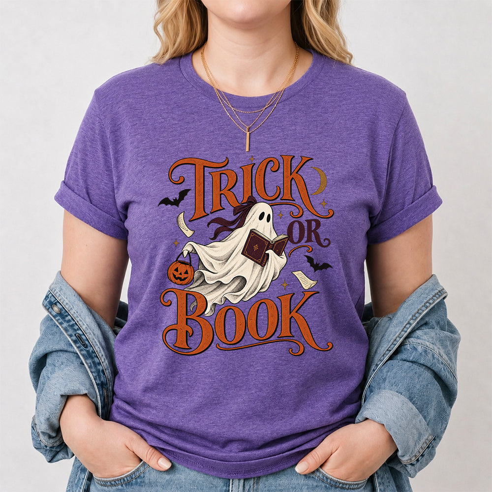 Trick Or Book Ghost Printed T-Shirt | Halloween Book Lover Gift Heather Purple