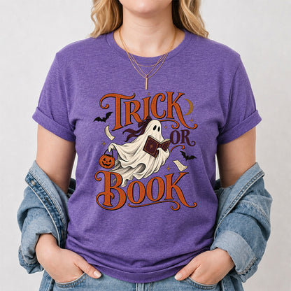 Trick Or Book Ghost Printed T-Shirt | Halloween Book Lover Gift Heather Purple