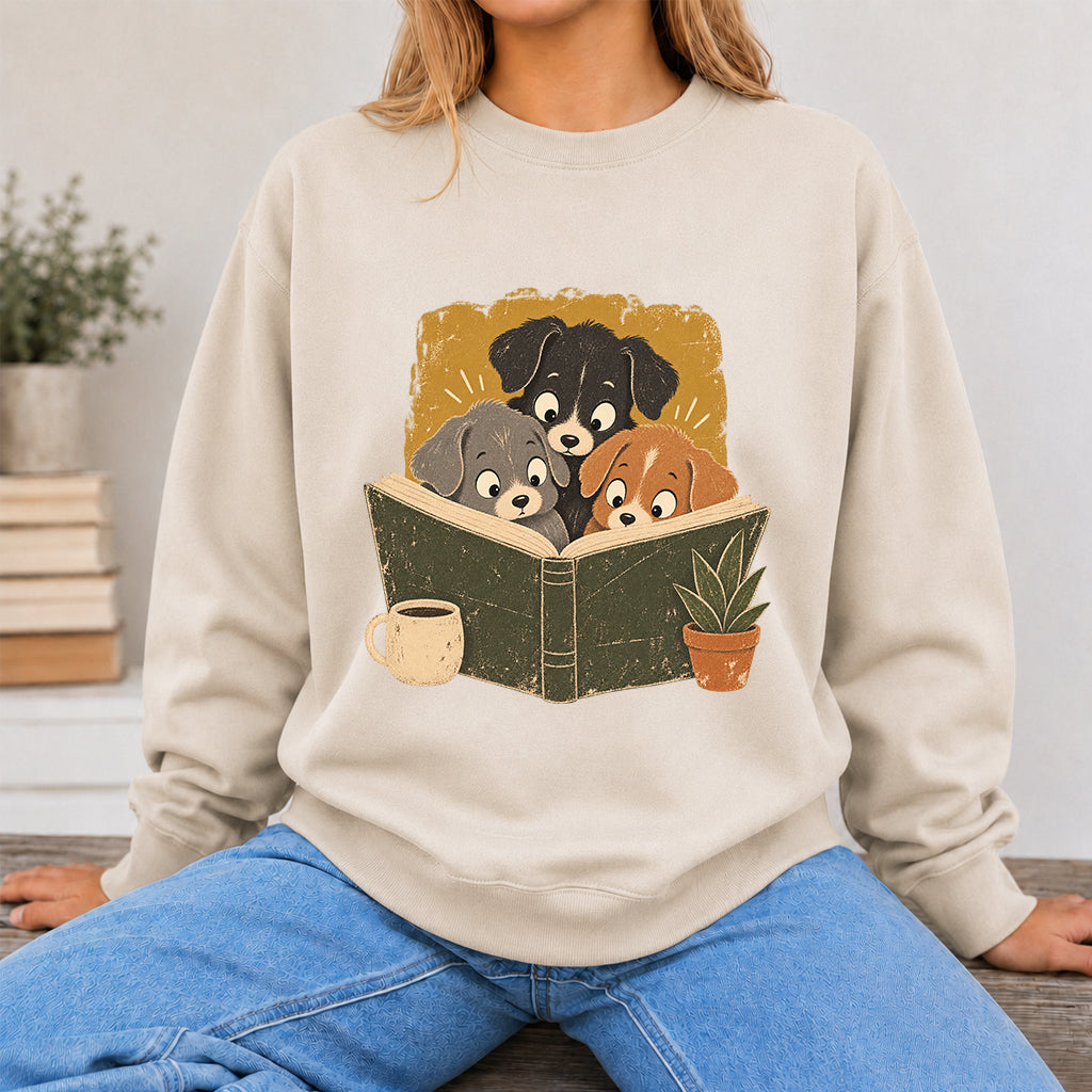 Minimal Japanese Dogs Reading Crewneck Sweatshirt | Reader Gift Sand
