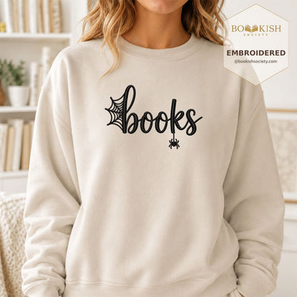 Halloween Books Embroidered Sweatshirt | Spooky Book Lover Gift Sand