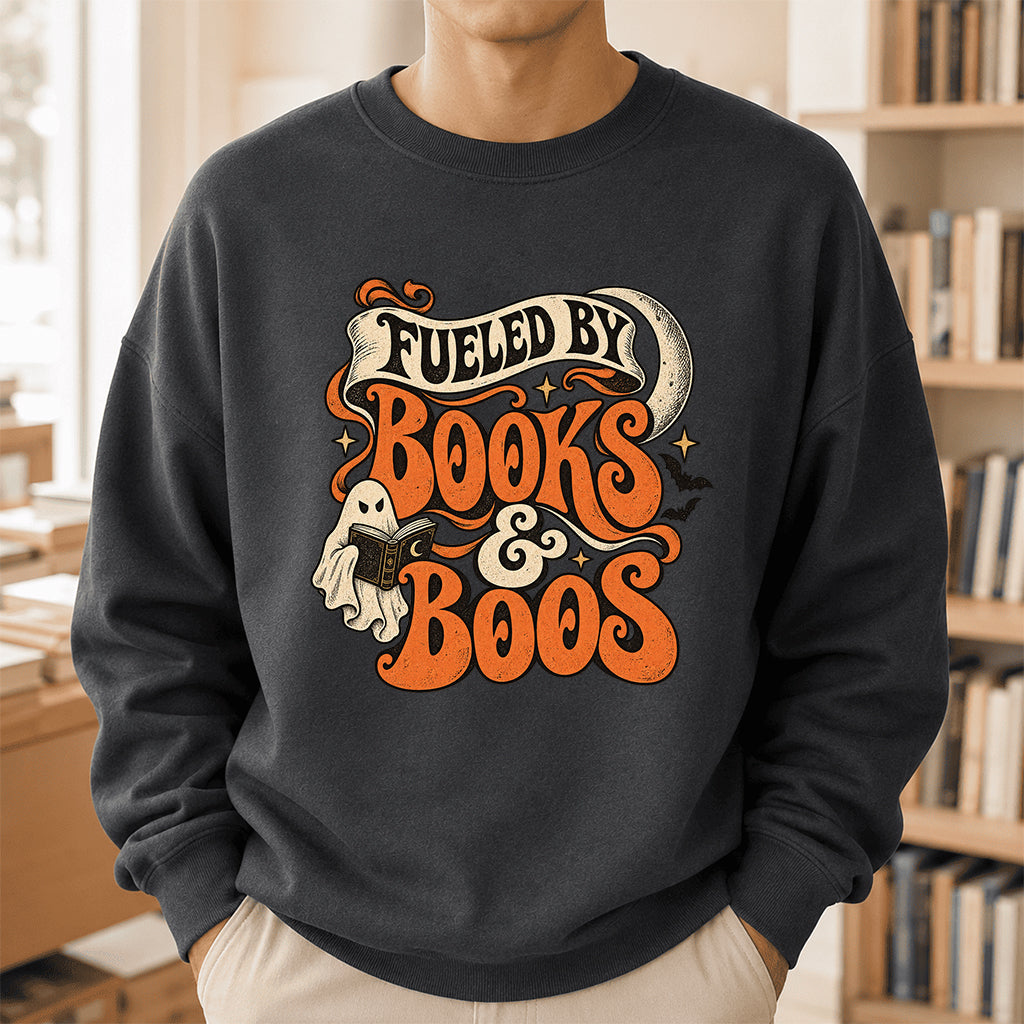 Fueled By Books & Boos Printed Sweatshirt | Halloween Book Lover Gift Dark Heather