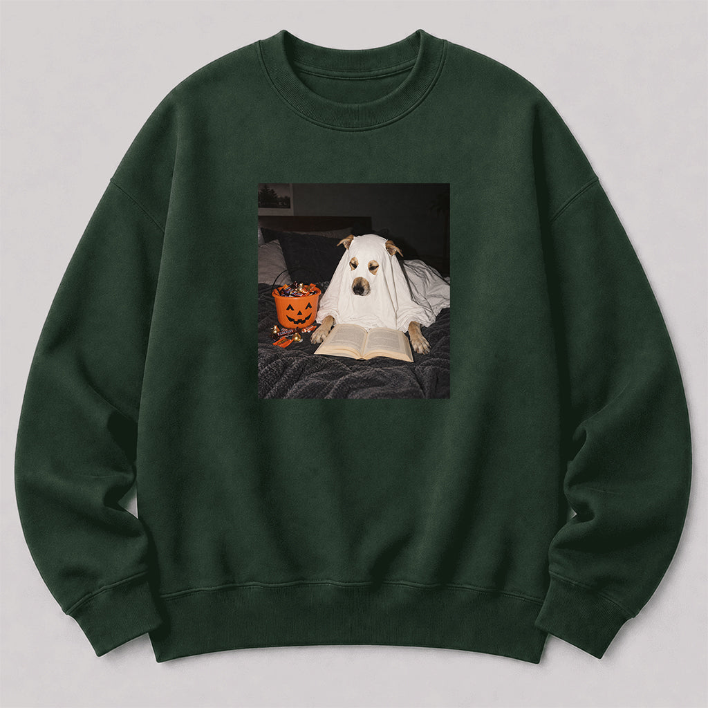 Cute Reading Ghost Dog Printed Sweatshirt | Halloween Book Lover Gift Forest Green