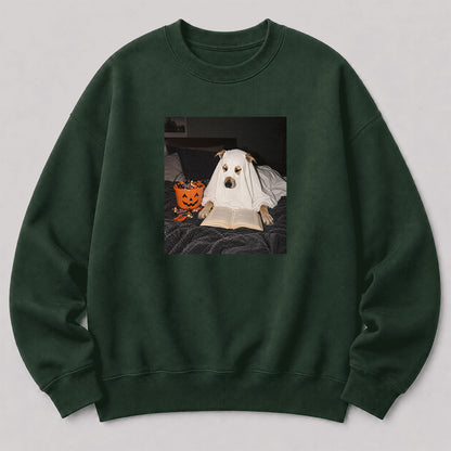 Cute Reading Ghost Dog Printed Sweatshirt | Halloween Book Lover Gift Forest Green
