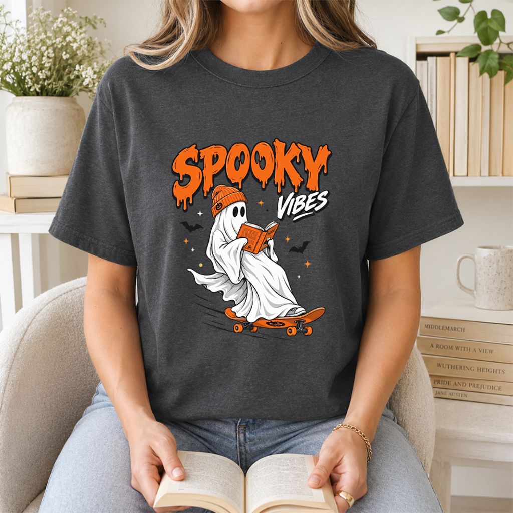 Spooky Vibes Printed T-Shirt | Halloween Book Lover Gift Dark Heather