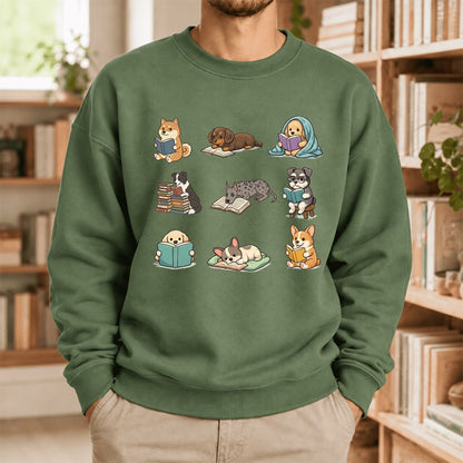 Funny Reading Dogs Embroidered Sweatshirt | Dog Mom Reader Gift Military Green