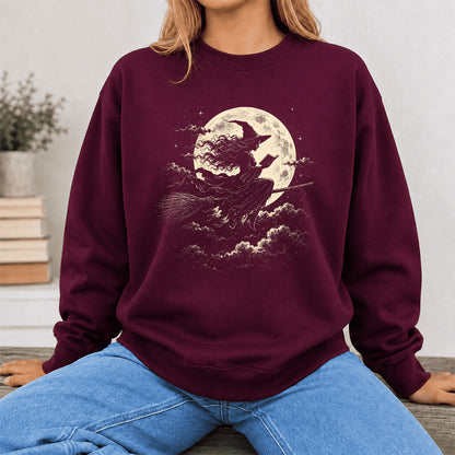 Reading Witch On The Flying Broom Printed Sweatshirt | Halloween Reader Gift Maroon