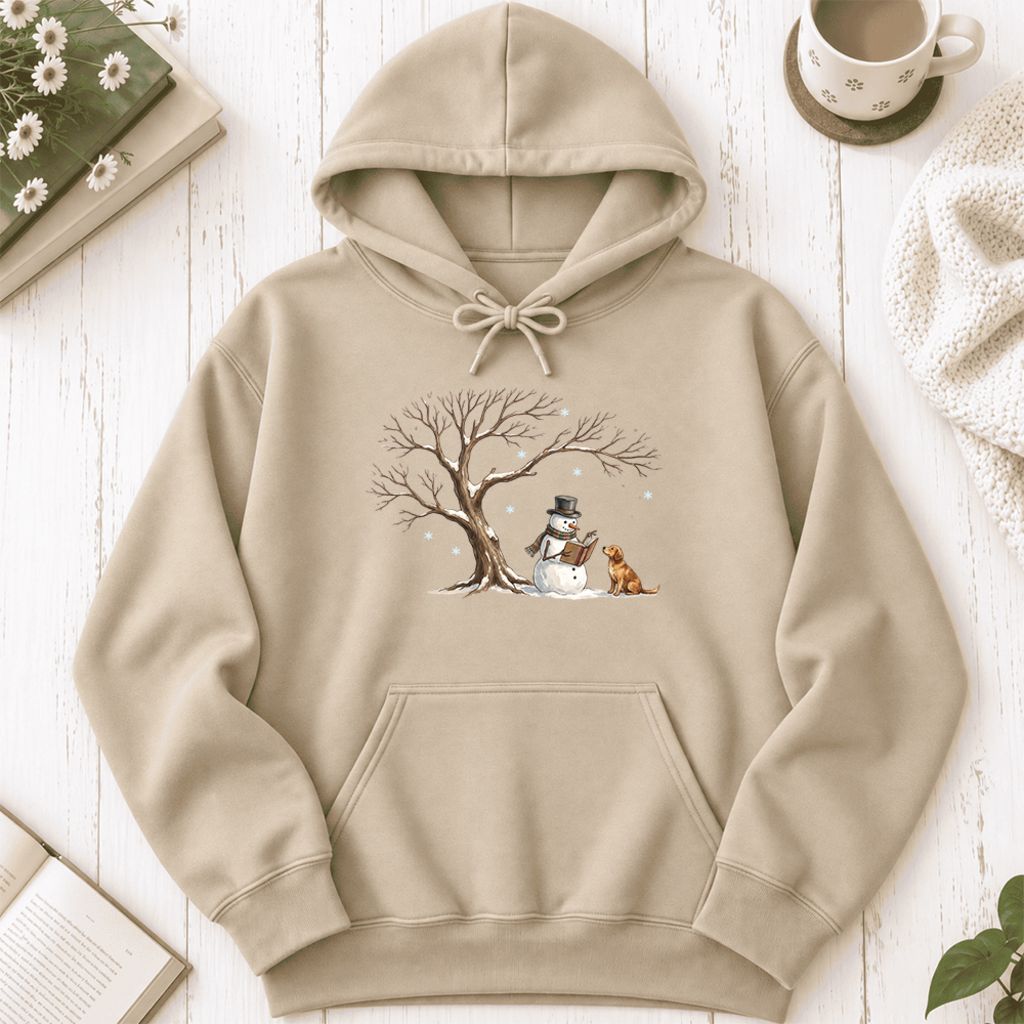 Golden Retriever And Snowman Under Tree Softstyle Hoodie | Christmas Reader Gift Sand