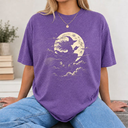 Reading Witch On The Flying Broom Printed T-Shirt | Halloween Book Lover Gift Heather Purple