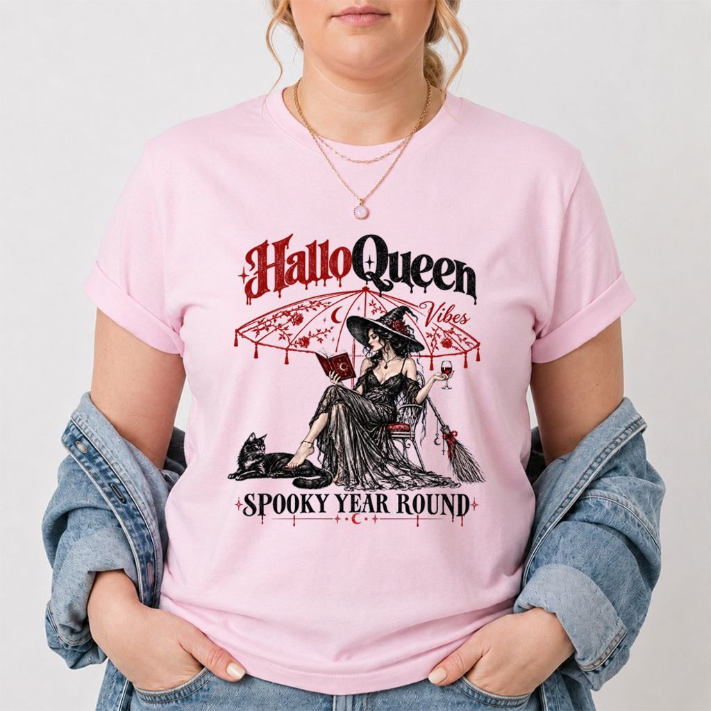 Halloqueen Spooky Year Round Printed T-Shirt | Halloween Book Lover Gift Light Pink