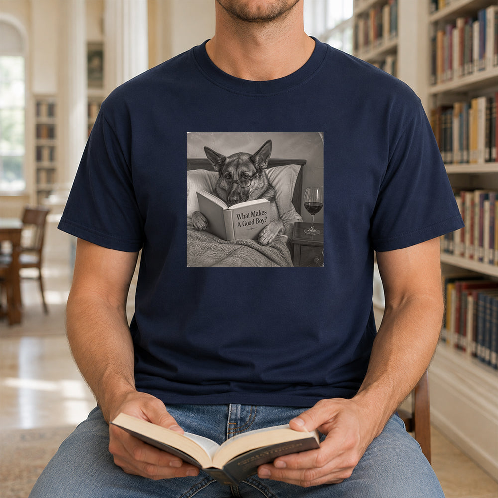 What Makes A Good Boy Printed T-Shirt | Cozy German Shepherd Mom Reader Gift Navy