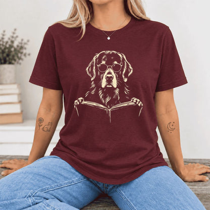 Golden Retriever Reading Book Ultra-Soft Cotton T-Shirt | Dog Mom Reader Gift Maroon