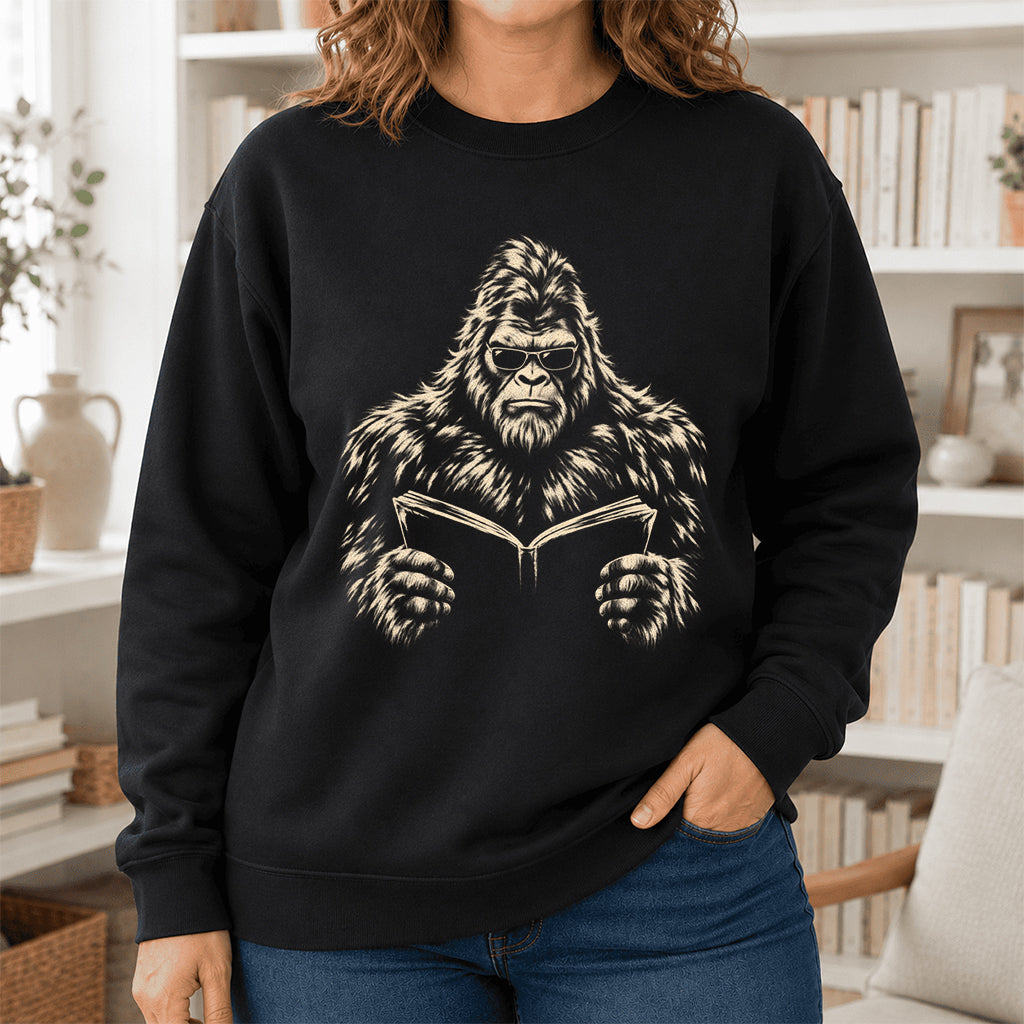 Big Foot Reading Book Crewneck Sweatshirt | Reader Gift Black