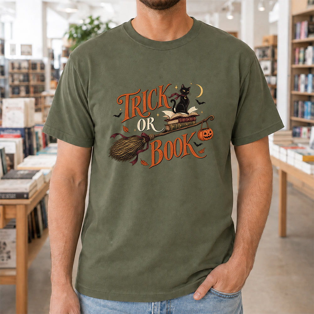 Trick Or Book Black Cat Printed T-Shirt | Halloween Book Lover Gift Military Green