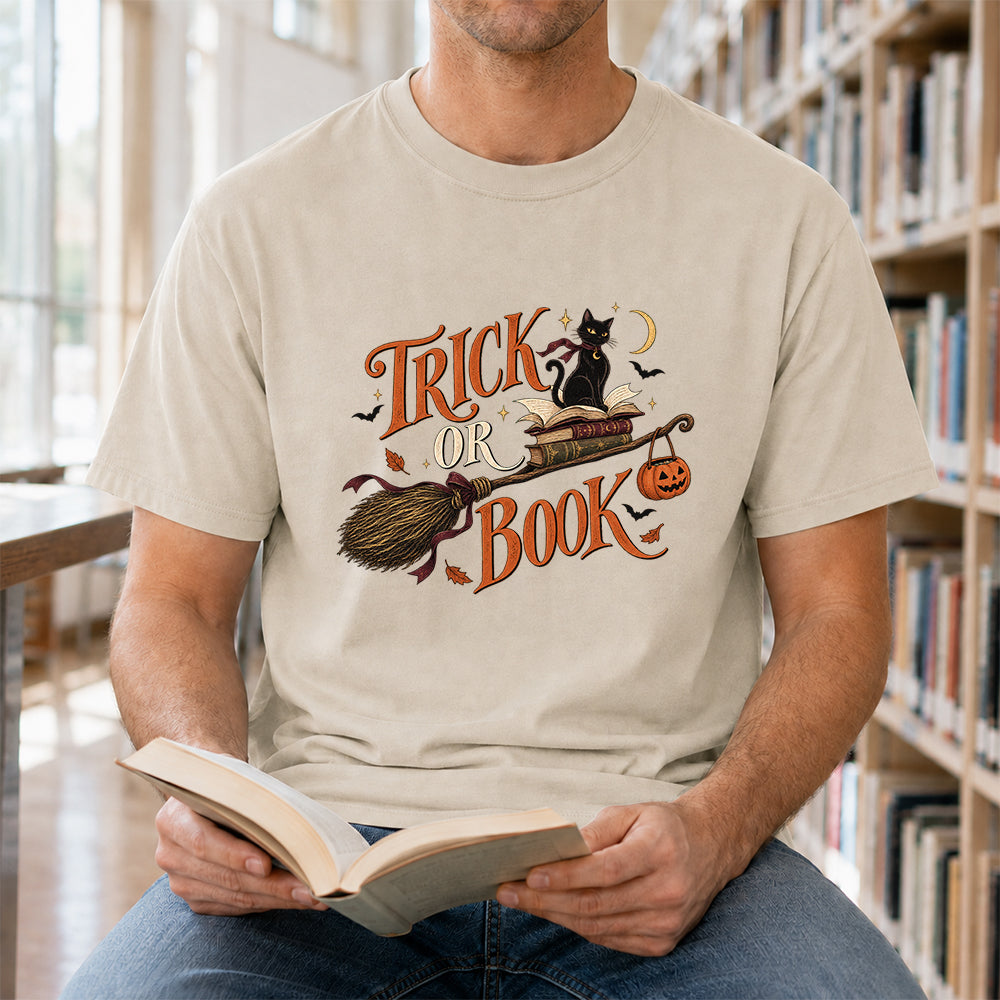 Trick Or Book Black Cat Printed T-Shirt | Halloween Book Lover Gift Sand