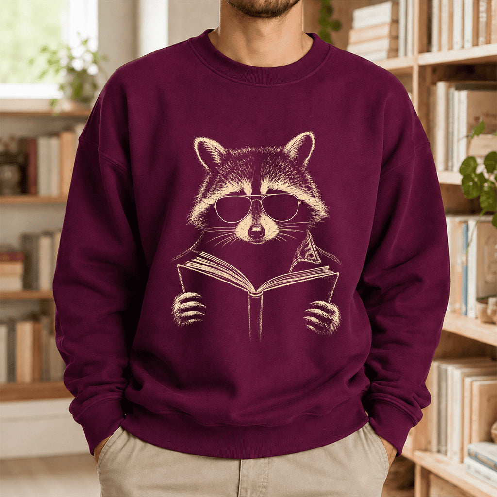 Raccoon Reading Book Crewneck Sweatshirt | Reader Gift Maroon