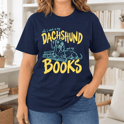 All I Need Is My Dachshund And My Books Ultra-Soft Cotton T-Shirt | Gift Navy