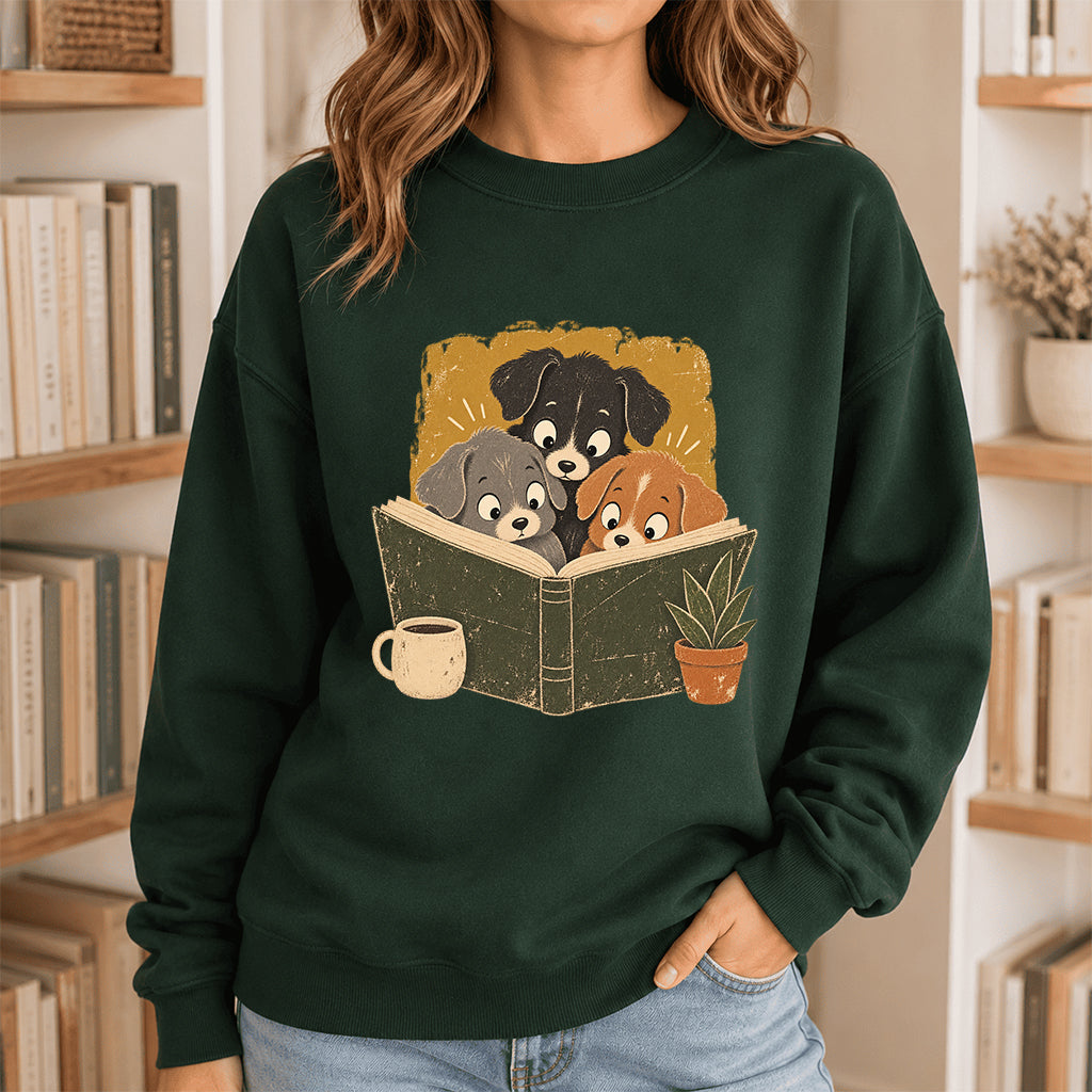 Minimal Japanese Dogs Reading Crewneck Sweatshirt | Reader Gift Forest Green