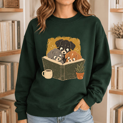 Minimal Japanese Dogs Reading Crewneck Sweatshirt | Reader Gift Forest Green