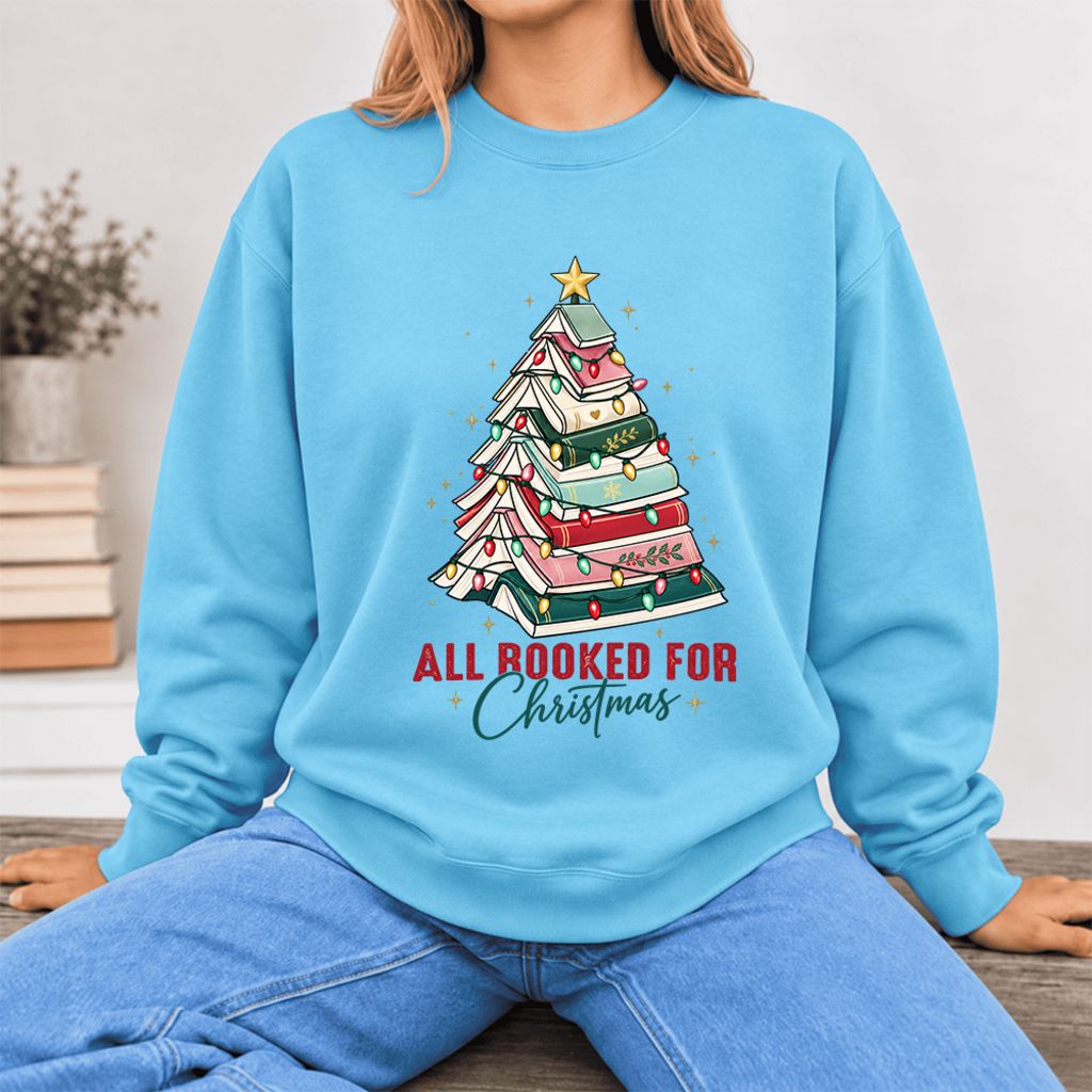 All Booked For Christmas Softstyle Sweatshirt | Christmas Book Lover Gift Sky