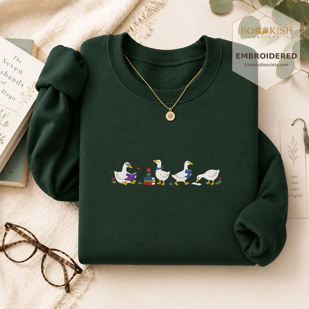 Four Reading Ducks Embroidered Sweatshirt | Reader Gift Forest Green