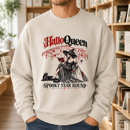Halloqueen Spooky Year Round Printed Sweatshirt | Spooky Book Lover Gift Sand