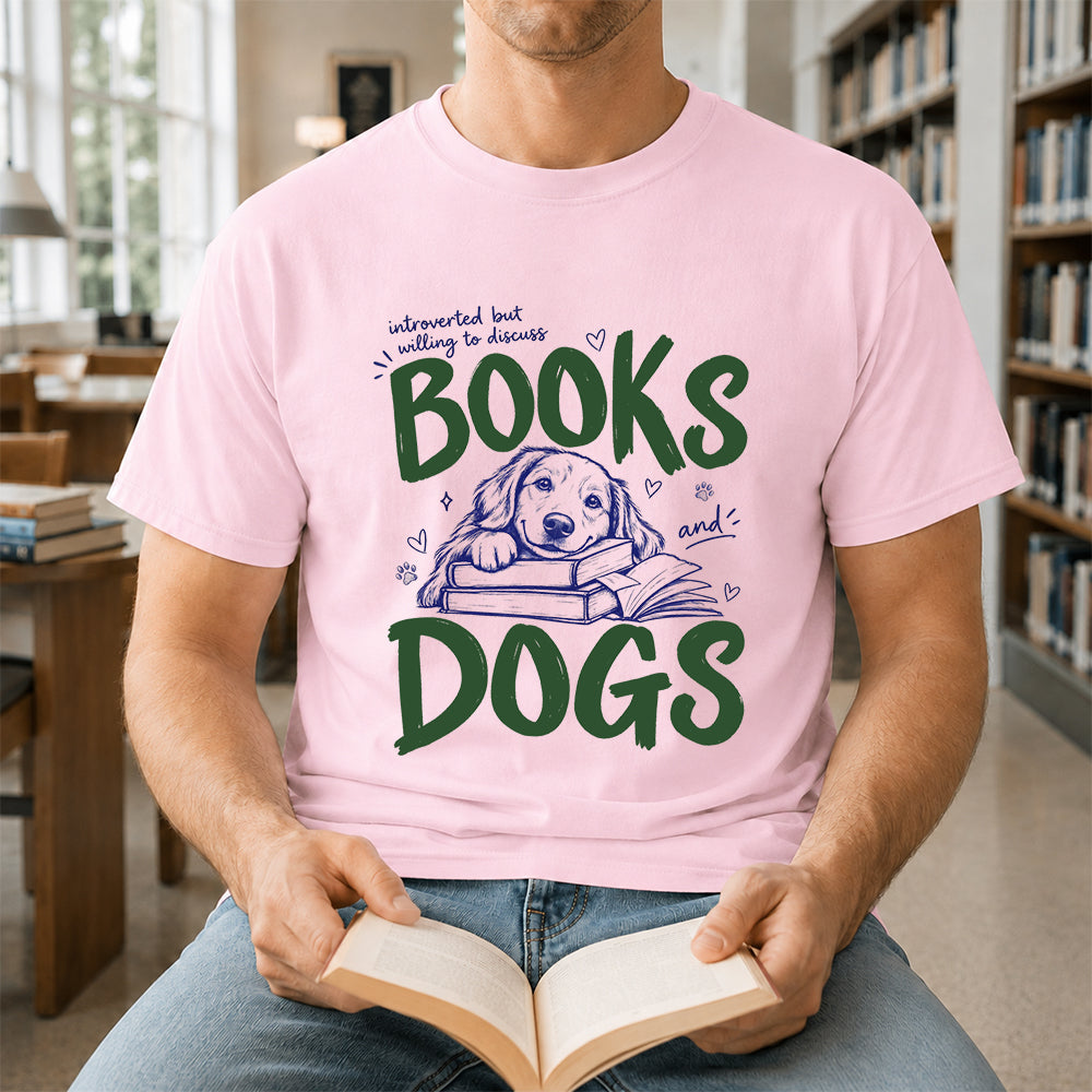 Introverted But Willing To Discuss Books And Dogs Cotton T-Shirt | Dogs Lover & Reader Gift Light Pink