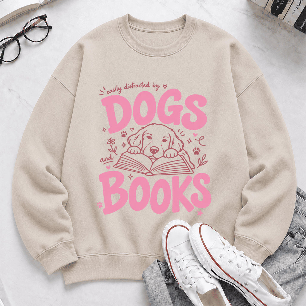Easily Distracted By Dog And Books Crewneck Sweatshirt | Dog Lover & Reader Gift Sand