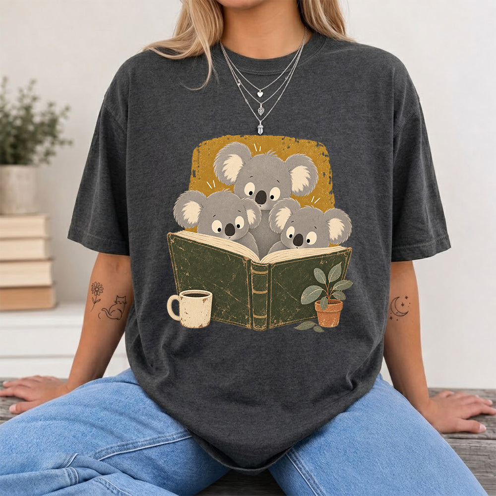Minimal Japanese Koalas Reading Softstyle T-Shirt | Book Lover Gift Dark Heather