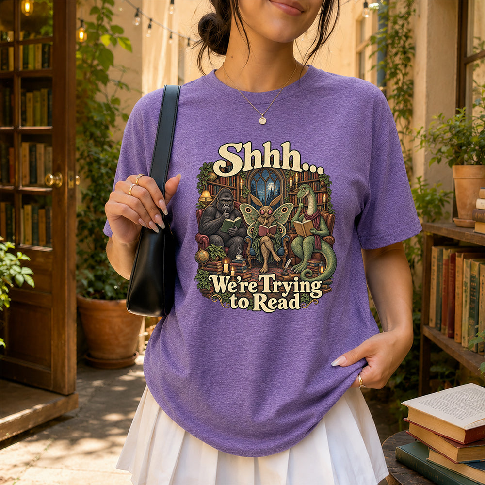 Shh... We Trying To Read Cotton T-Shirt | Midnight Reader Gift Heather Purple