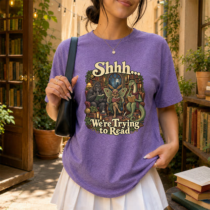 Shh... We Trying To Read Cotton T-Shirt | Midnight Reader Gift Heather Purple