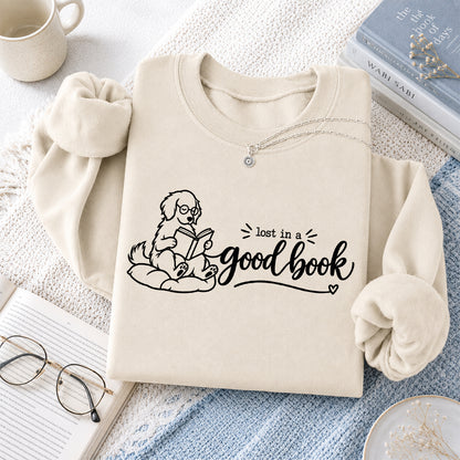Lost In A Good Book Crewneck Sweatshirt | Dog Lover & Reader Gift Sand