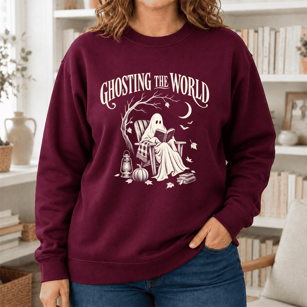 Ghosting The World Crewneck Sweatshirt | Halloween Reader Gift Maroon
