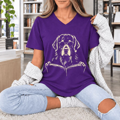 Golden Retriever Reading Book Ultra-Soft V-Neck | Dog Mom Reader Gift Team Purple