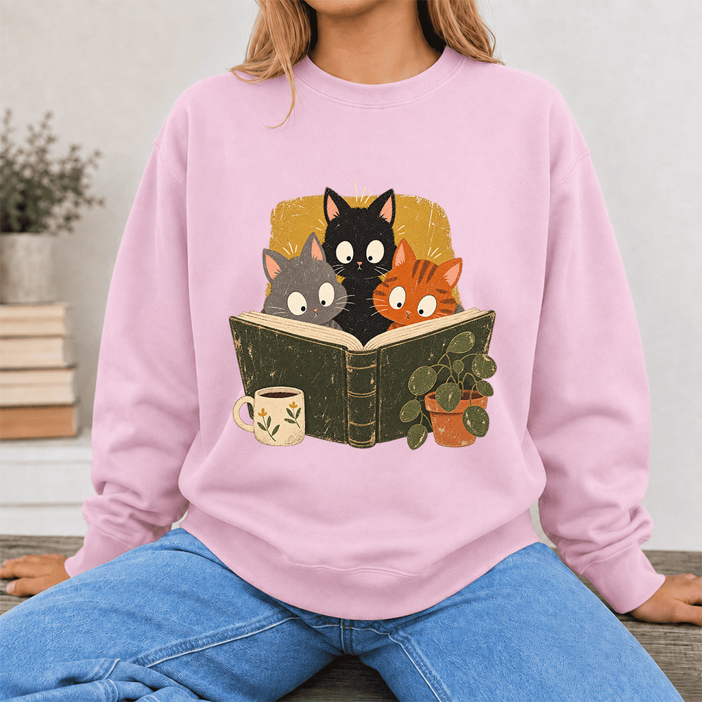 Minimal Japanese Cats Reading Crewneck Sweatshirt | Reader Gift Light Pink