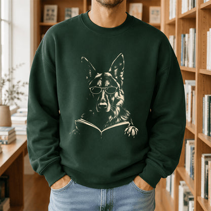 German Shepherd Reading Book Crewneck Sweatshirt | Reader Gift Forest Green
