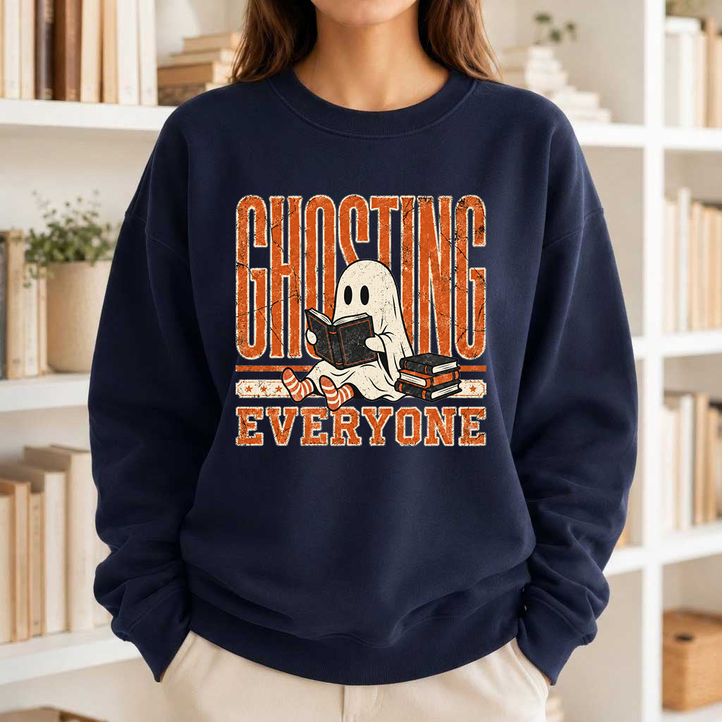 Ghosting Everyone Printed Sweatshirt | Halloween Book Lover Gift Navy