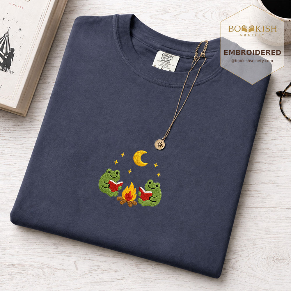Embroidered Frog Campfire Comfort Color® T-shirt Book Lover Gift Navy