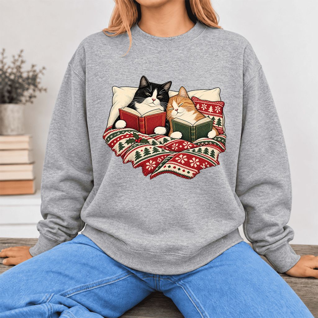 Christmas Reading Cat Couple Softstyle Sweatshirt | Cozy Christmas Gift Sport Grey