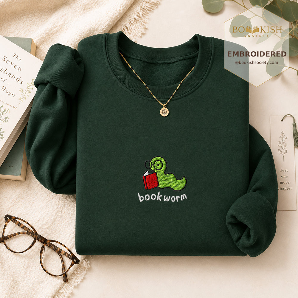 Bookworm Embroidered Sweatshirt | Reader Gift Forest Green