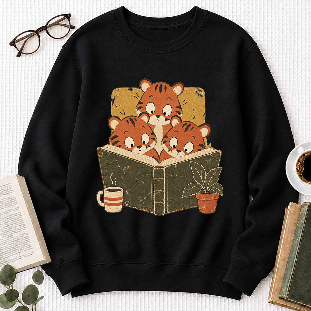 Minimal Japanese Tigers Reading Crewneck Sweatshirt | Reader Gift Black