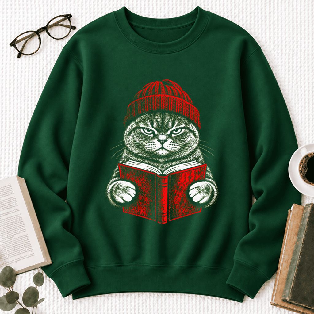 Vintage Reading Cat British Shorthair Softstyle Sweatshirt | Christmas Gift Forest Green