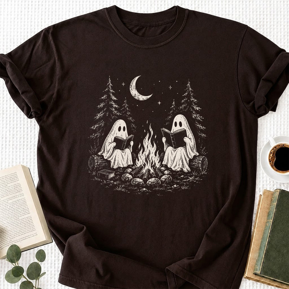 Camping Reading Ghosts Printed T-Shirt | Spooky Book Lover Gift Dark Chocolate
