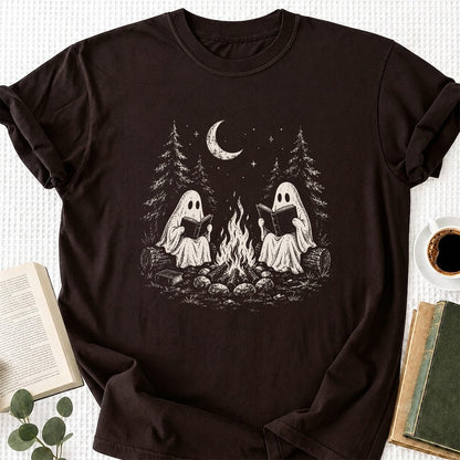 Camping Reading Ghosts Printed T-Shirt | Spooky Book Lover Gift Dark Chocolate