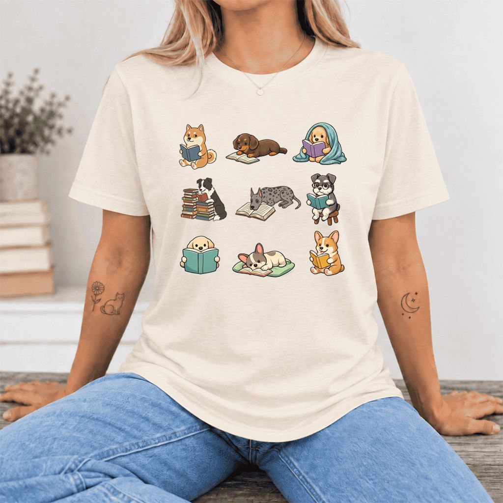 Funny Reading Dogs Ultra-Soft Cotton T-Shirt | Dog Mom Reader Gift Natural