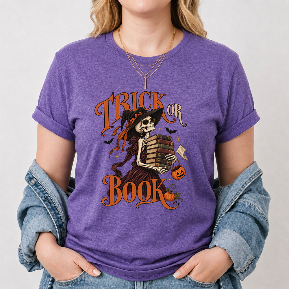 Trick Or Book Lady Printed T-Shirt | Halloween Book Lover Gift Heather Purple