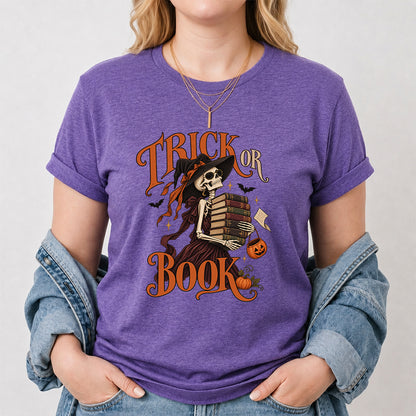 Trick Or Book Lady Printed T-Shirt | Halloween Book Lover Gift Heather Purple